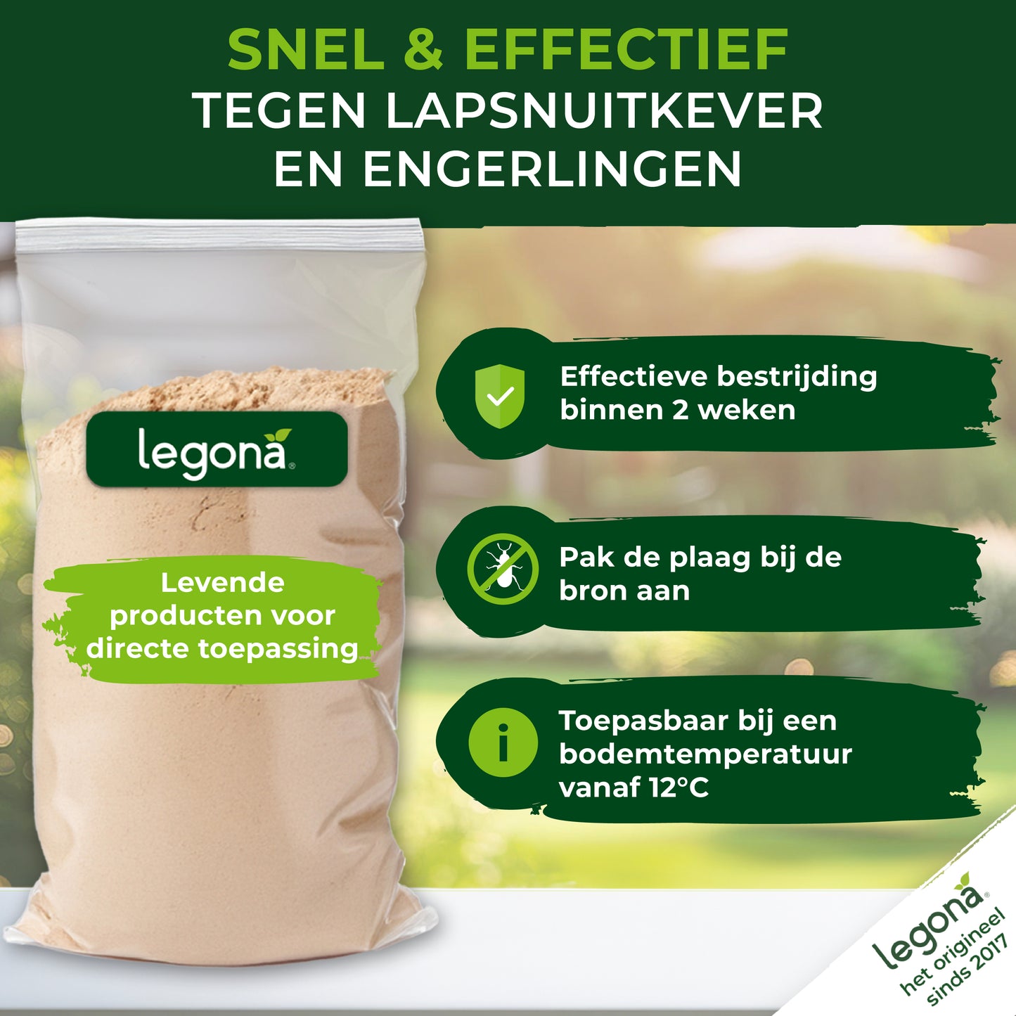 Zak met Legona nematodenpoeder, beige poeder zichtbaar, met tekst 'Snel & Effectief tegen Lapsnuittkever en Engerlingen' en productinformatie.