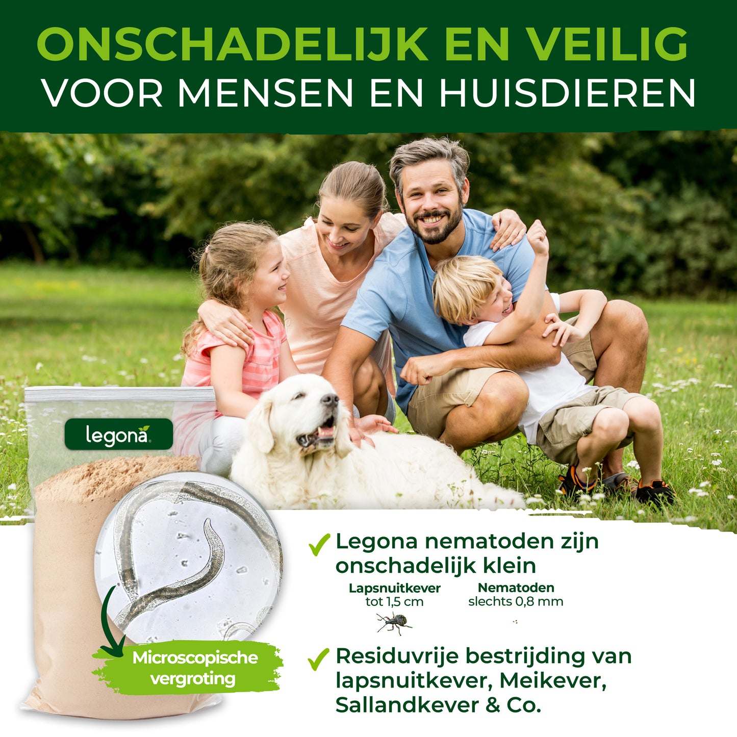 Een gezin met een hond zit op het gras. Links een zak met 'Legona' nematoden en een vergrootglas met een afbeelding van een nematode.