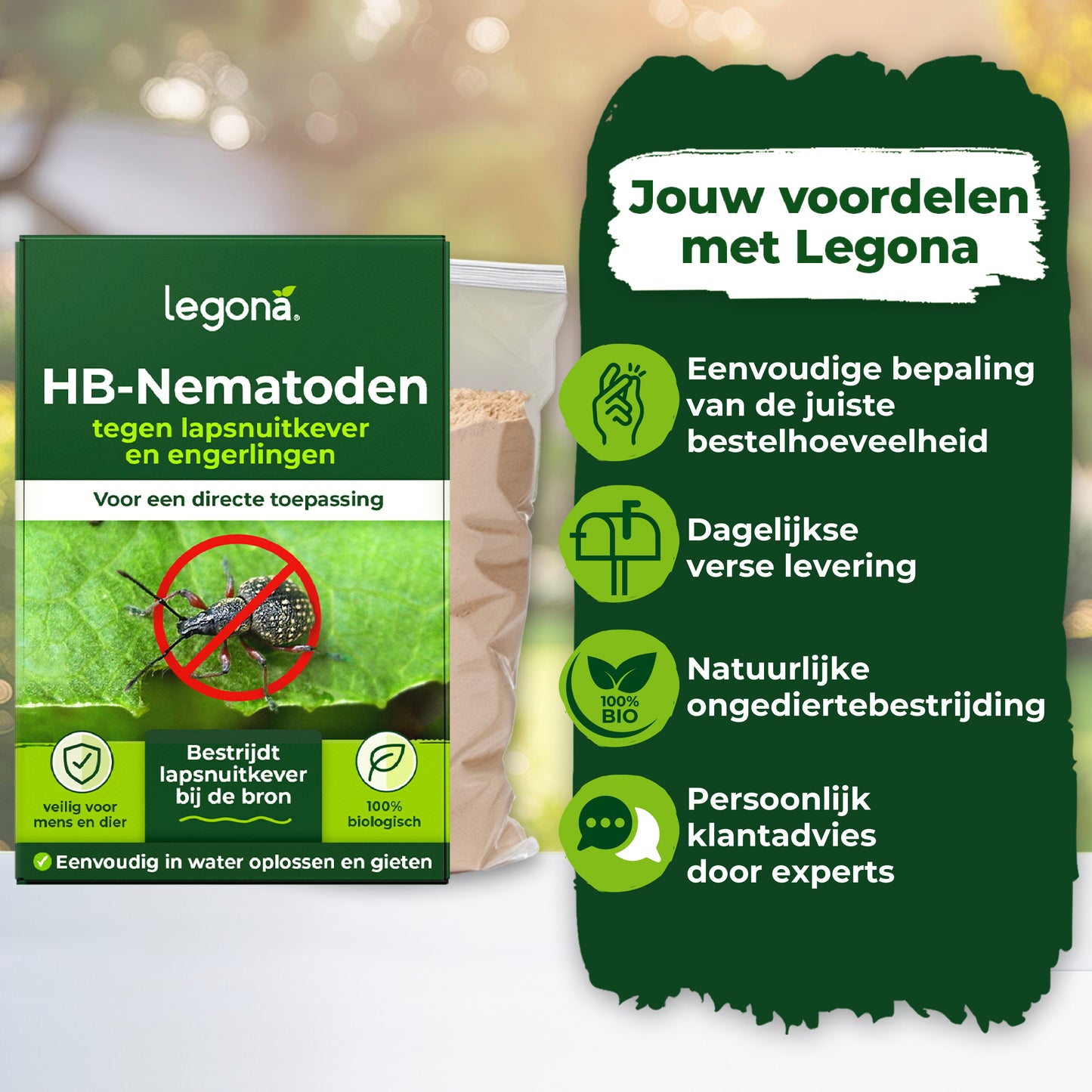 Verpakking van Legona HB-Nematoden met afbeelding van een insect op een groene achtergrond. Tekst: 'Jouw voordelen met Legona' en vier voordelen.